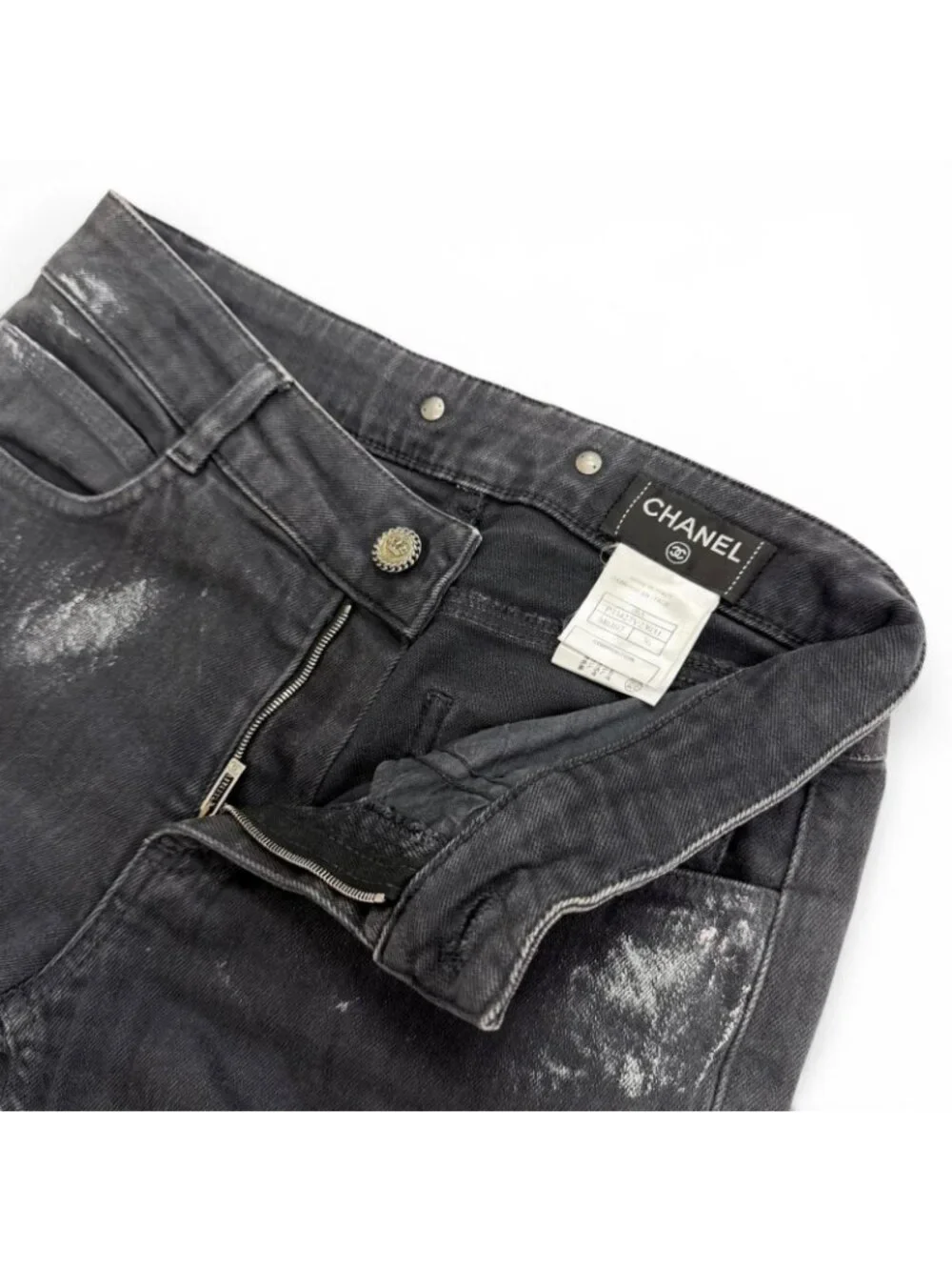 Chanel Cotton Coco Button Painted Skinny Denim Pants Black 36